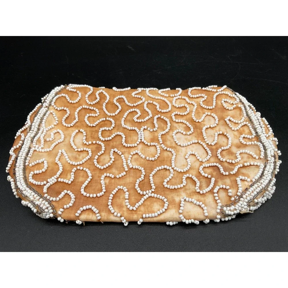 Vintage Beaded Evening Bag Clutch Purse White Floral Pink Lining